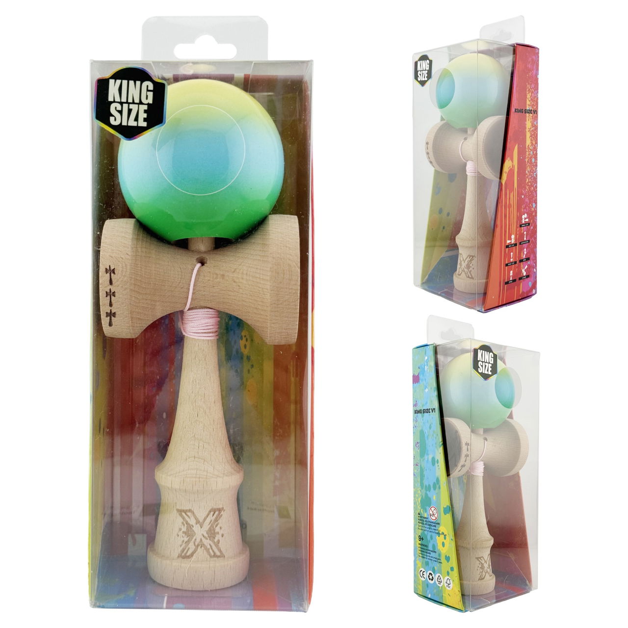 Kendama X Originala, Profesionala, Flippy, Big Cups V2, Super Sticky cu Cupe Mari, din lemn 18 cm, Rulment Metalic cu Ata 55 cm, Galben/Albastru/Verde [10]