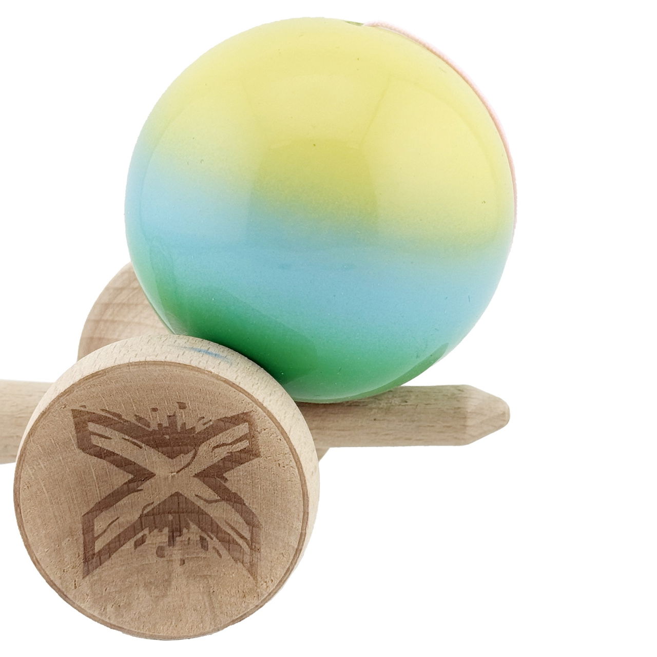 Kendama X Originala, Profesionala, Flippy, Big Cups V2, Super Sticky cu Cupe Mari, din lemn 18 cm, Rulment Metalic cu Ata 55 cm, Galben/Albastru/Verde [7]