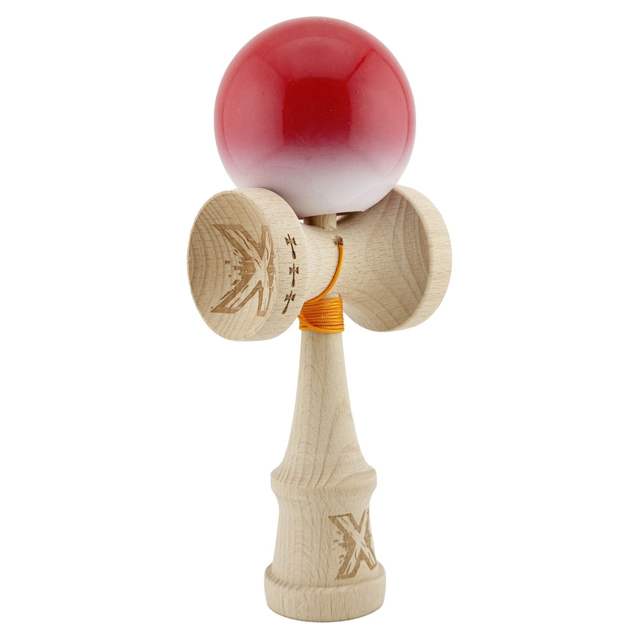 Kendama X Originala, Profesionala, Flippy, Big Cups V2, Super Sticky cu Cupe Mari, din lemn 18 cm, Rulment Metalic cu Ata 55 cm, Gradient Rosu/Alb [9]