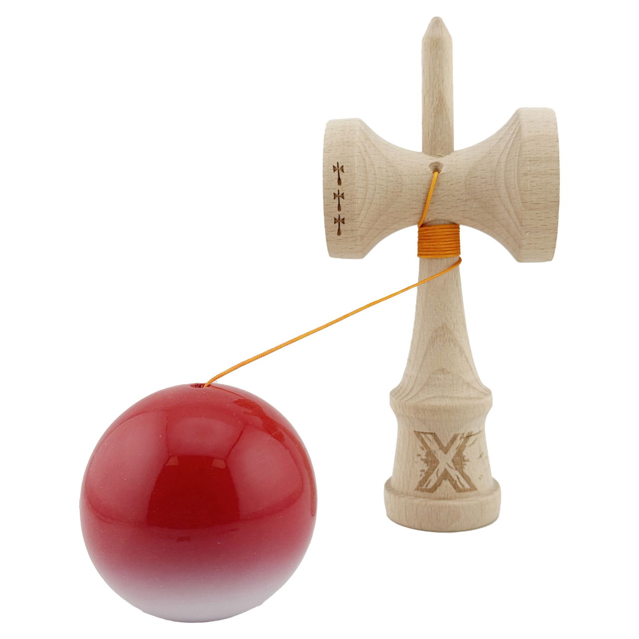 Kendama X Originala, Profesionala, Flippy, Big Cups V2, Super Sticky cu Cupe Mari, din lemn 18 cm, Rulment Metalic cu Ata 55 cm, Gradient Rosu/Alb [3]