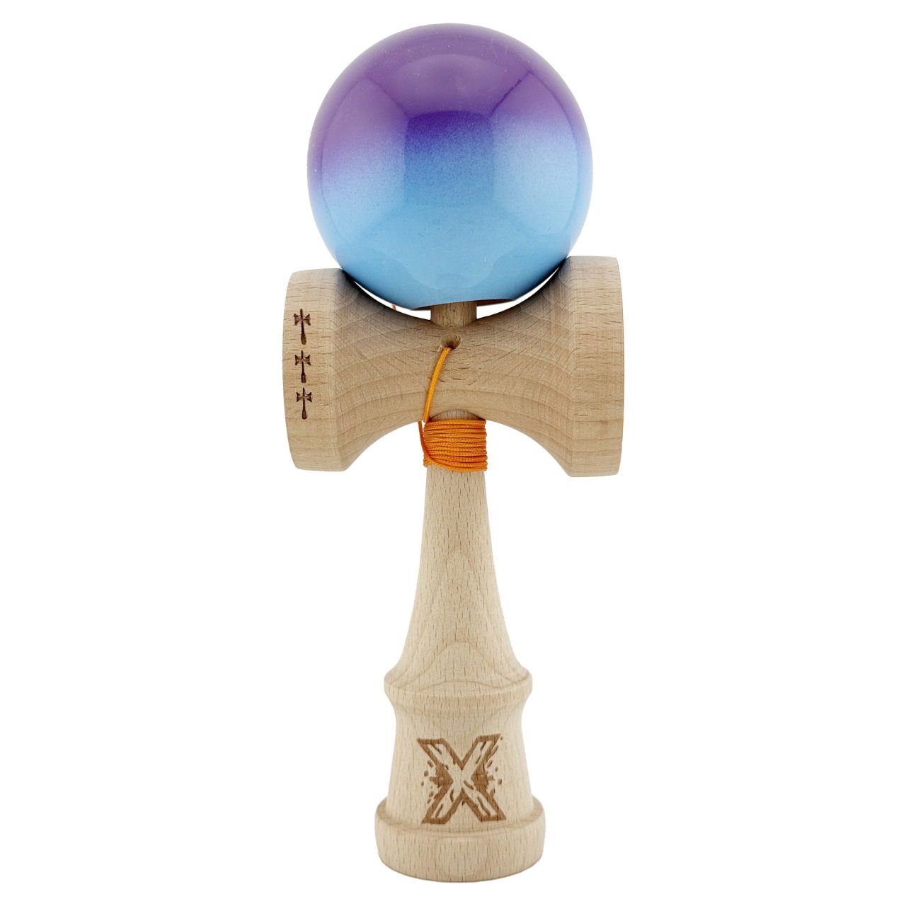 Kendama X Originala, Profesionala, Flippy, Big Cups V2, Super Sticky cu Cupe Mari, din lemn 18 cm, Rulment Metalic cu Ata 55 cm, Mov/Albastru [1]