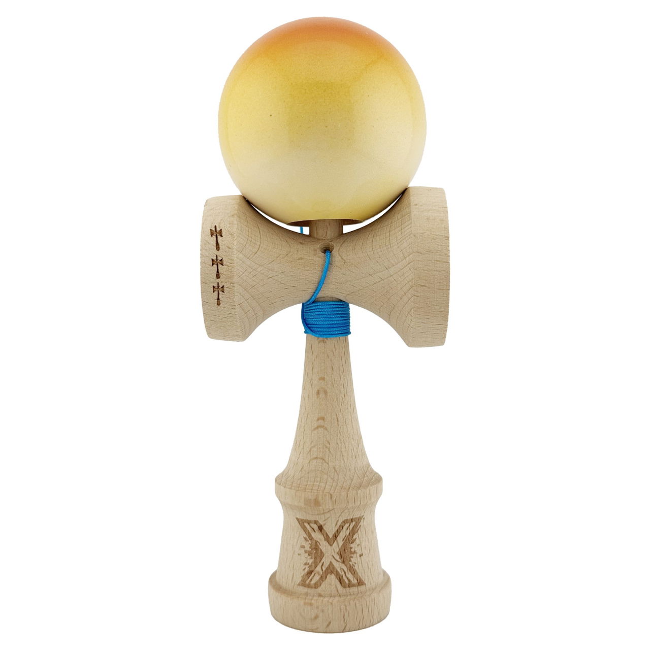 Kendama X Originala, Profesionala, Flippy, Big Cups V2, Super Sticky cu Cupe Mari, din lemn 18 cm, Rulment Metalic cu Ata 55 cm, Portocaliu/Galben/Alb [1]