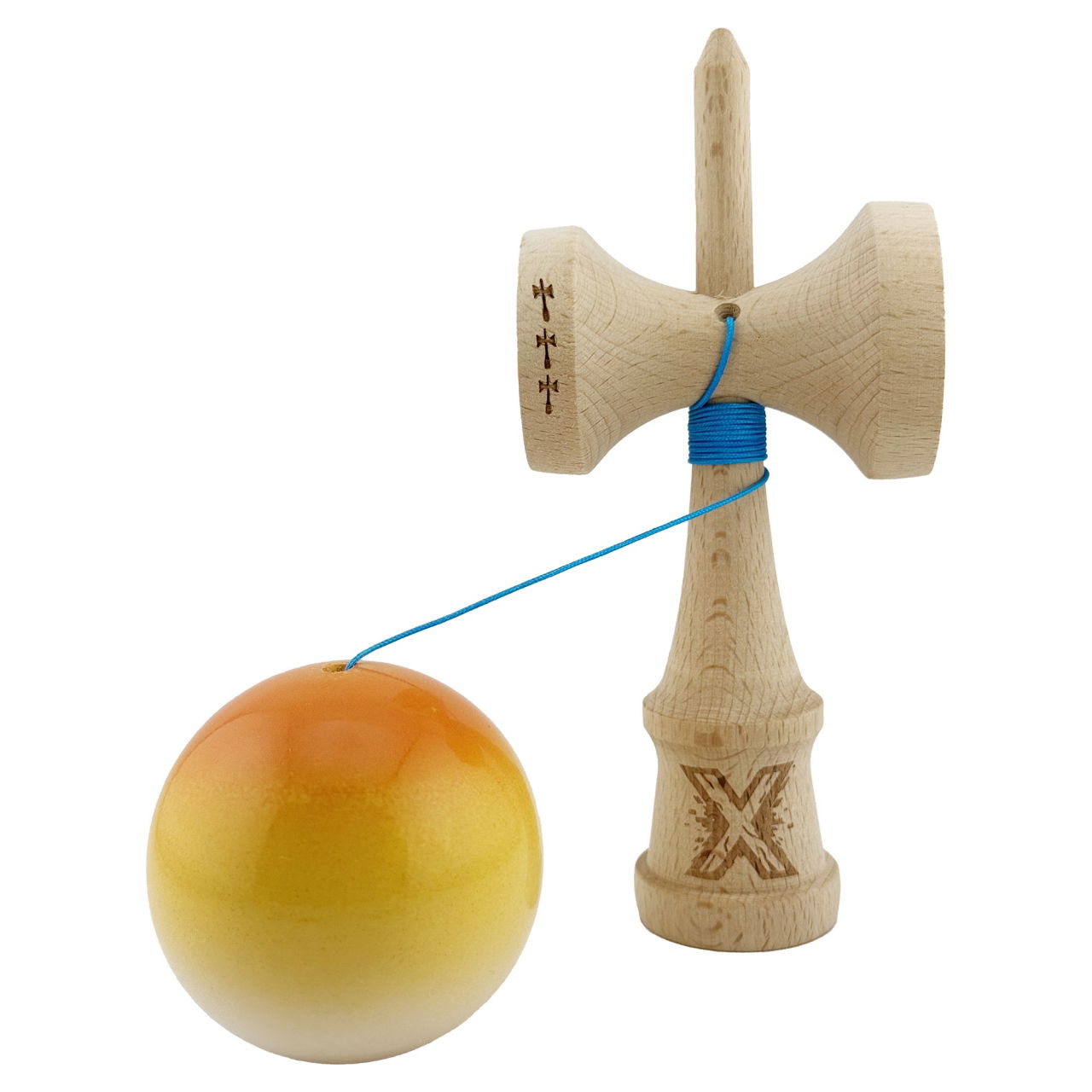 Kendama X Originala, Profesionala, Flippy, Big Cups V2, Super Sticky cu Cupe Mari, din lemn 18 cm, Rulment Metalic cu Ata 55 cm, Portocaliu/Galben/Alb [3]