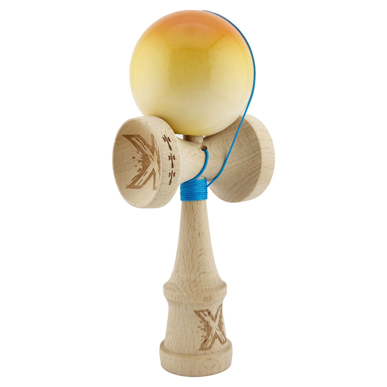 Kendama X Originala, Profesionala, Flippy, Big Cups V2, Super Sticky cu Cupe Mari, din lemn 18 cm, Rulment Metalic cu Ata 55 cm, Portocaliu/Galben/Alb [2]