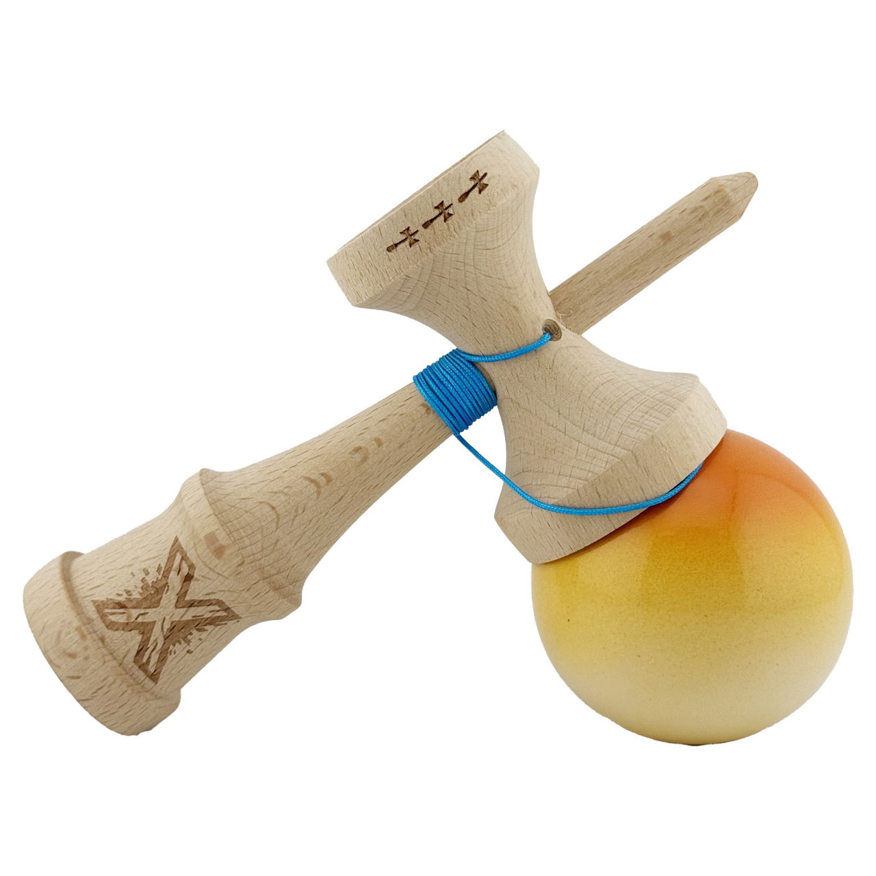 Kendama X Originala, Profesionala, Flippy, Big Cups V2, Super Sticky cu Cupe Mari, din lemn 18 cm, Rulment Metalic cu Ata 55 cm, Portocaliu/Galben/Alb [4]