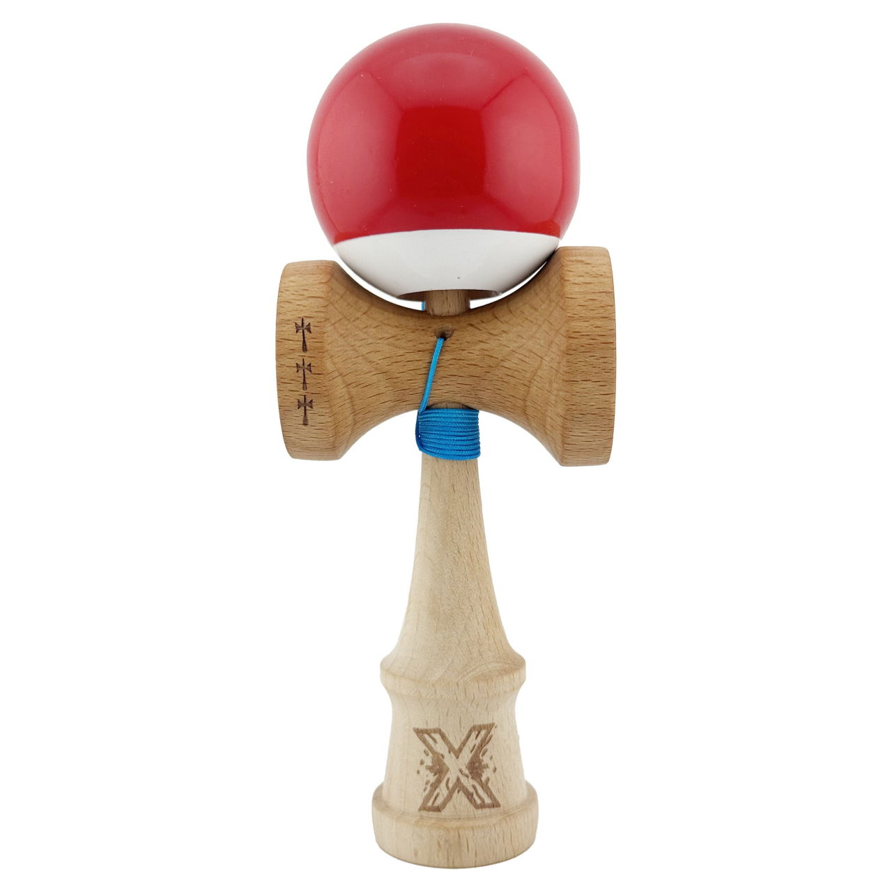 Kendama X Originala, Profesionala, Flippy, Big Cups V2, Super Sticky cu Cupe Mari, din lemn 18 cm, Rulment Metalic cu Ata 55 cm, Rosu/Alb [1]