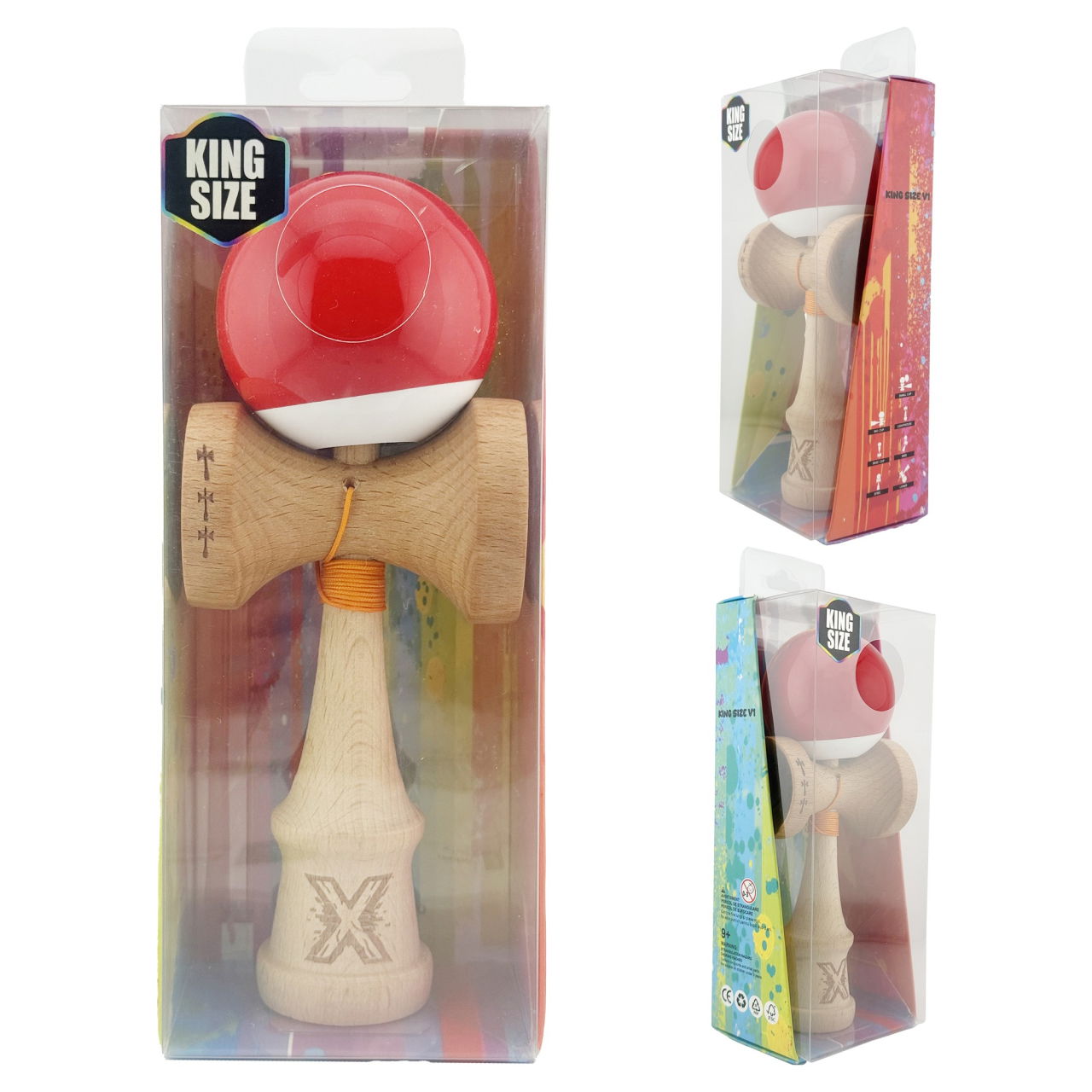 Kendama X Originala, Profesionala, Flippy, Big Cups V2, Super Sticky cu Cupe Mari, din lemn 18 cm, Rulment Metalic cu Ata 55 cm, Rosu/Alb [10]