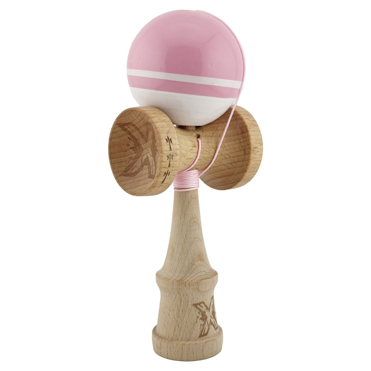Kendama X Originala, Profesionala, Flippy, Big Cups V2, Super Sticky cu Cupe Mari, din lemn 18 cm, Rulment Metalic cu Ata 55 cm, Roz/Alb [2]