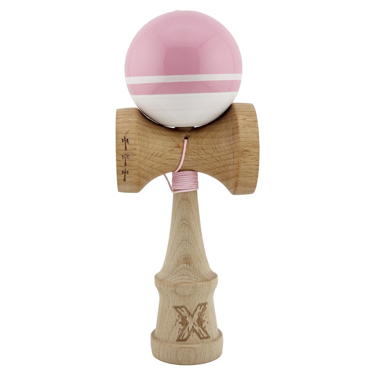 Kendama X Originala, Profesionala, Flippy, Big Cups V2, Super Sticky cu Cupe Mari, din lemn 18 cm, Rulment Metalic cu Ata 55 cm, Roz/Alb [1]