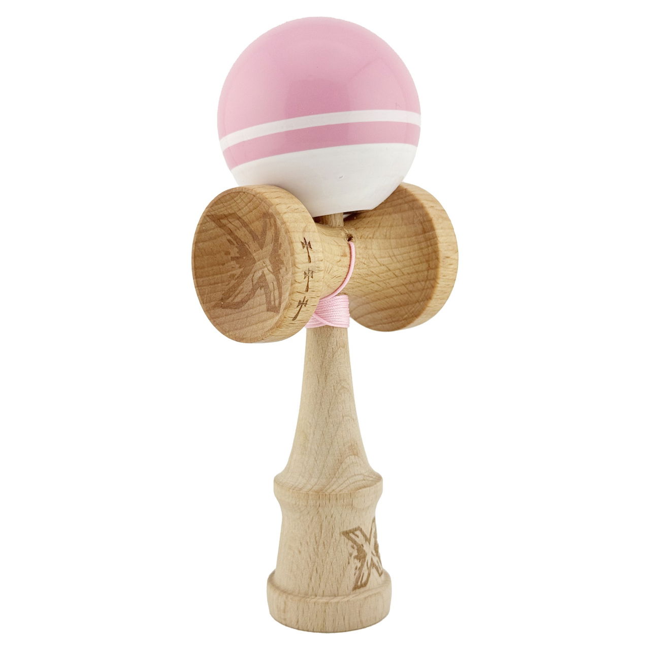 Kendama X Originala, Profesionala, Flippy, Big Cups V2, Super Sticky cu Cupe Mari, din lemn 18 cm, Rulment Metalic cu Ata 55 cm, Roz/Alb [9]