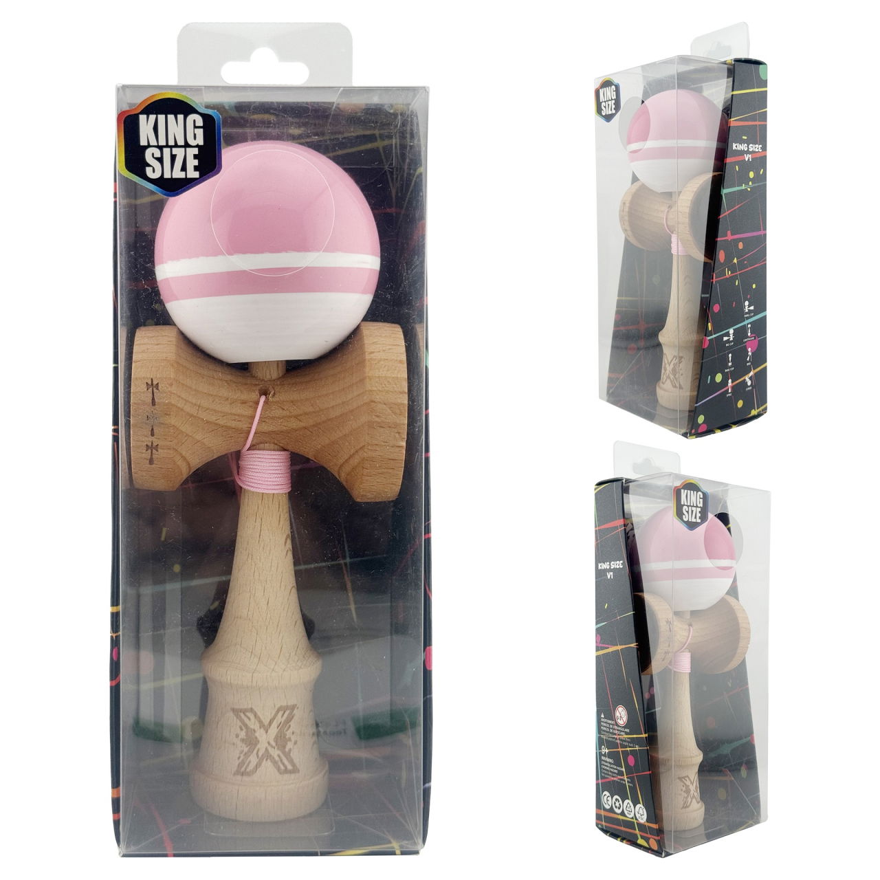 Kendama X Originala, Profesionala, Flippy, Big Cups V2, Super Sticky cu Cupe Mari, din lemn 18 cm, Rulment Metalic cu Ata 55 cm, Roz/Alb [10]