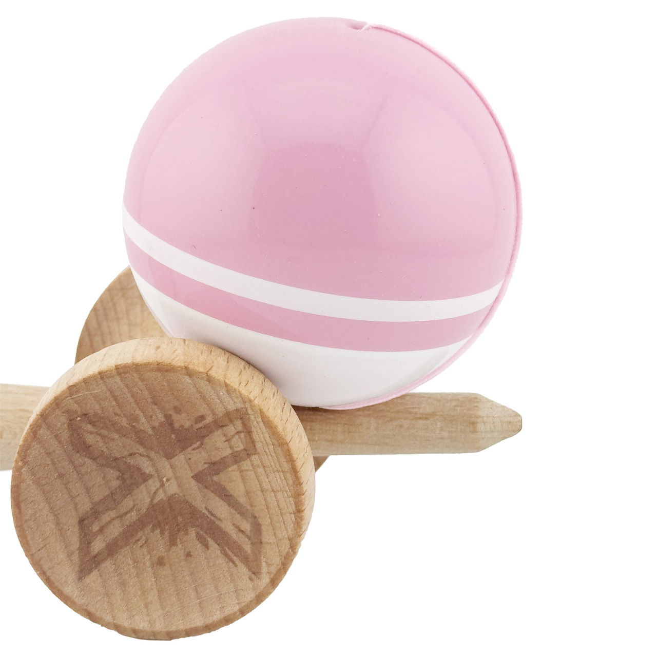 Kendama X Originala, Profesionala, Flippy, Big Cups V2, Super Sticky cu Cupe Mari, din lemn 18 cm, Rulment Metalic cu Ata 55 cm, Roz/Alb [7]
