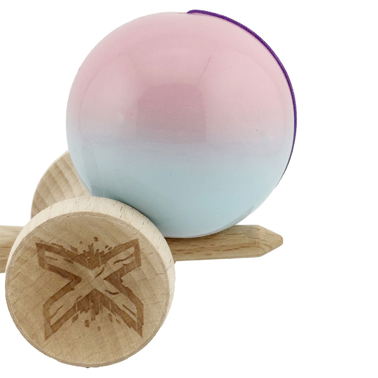 Kendama X Originala, Profesionala, Flippy, Big Cups V2, Super Sticky cu Cupe Mari, din lemn 18 cm, Rulment Metalic cu Ata 55 cm, Roz/Albastru deschis [7]