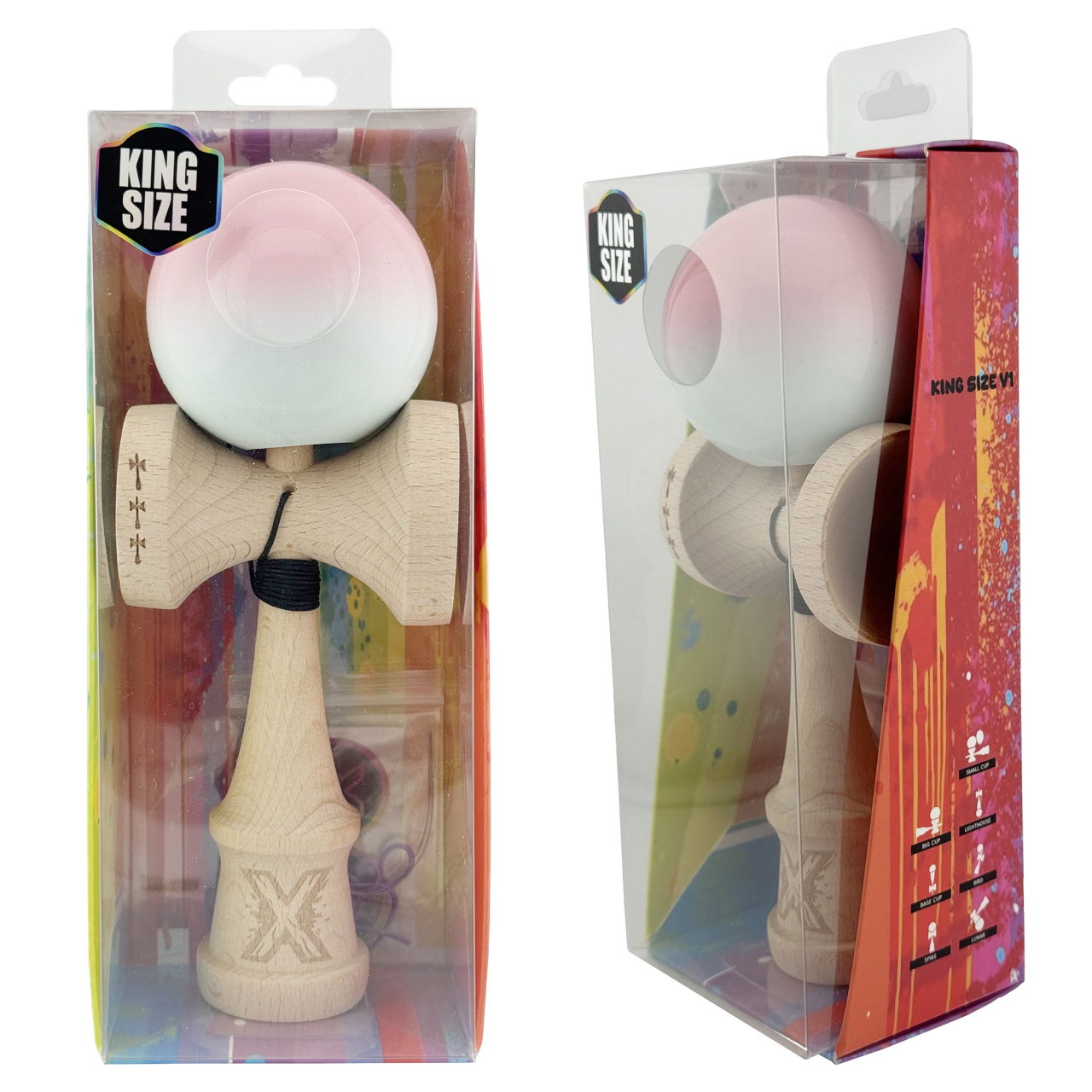 Kendama X Originala, Profesionala, Flippy, Big Cups V2, Super Sticky cu Cupe Mari, din lemn 18 cm, Rulment Metalic cu Ata 55 cm, Roz/Albastru deschis [10]