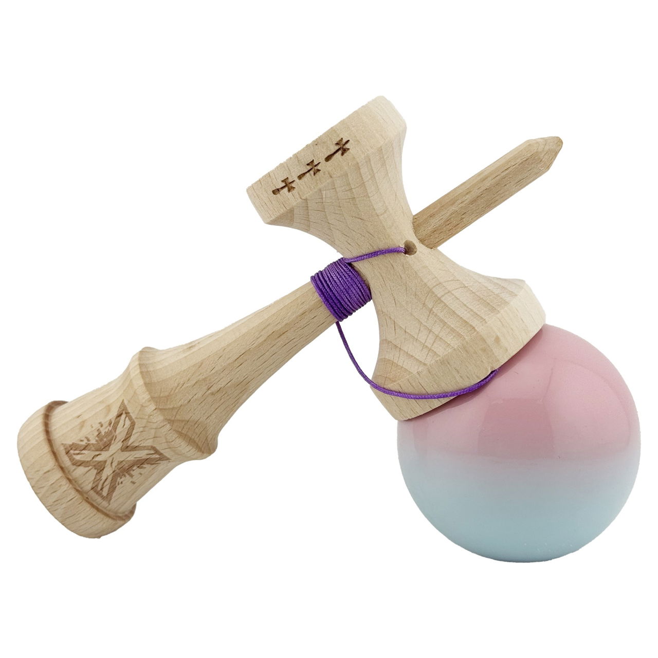 Kendama X Originala, Profesionala, Flippy, Big Cups V2, Super Sticky cu Cupe Mari, din lemn 18 cm, Rulment Metalic cu Ata 55 cm, Roz/Albastru deschis [4]