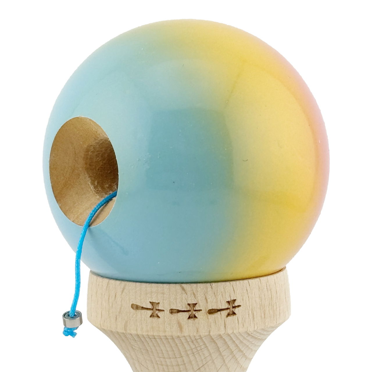 Kendama X Originala, Profesionala, Flippy, Big Cups V2, Super Sticky cu Cupe Mari, din lemn 18 cm, Rulment Metalic cu Ata 55 cm, Roz/Galben/Albastru [5]