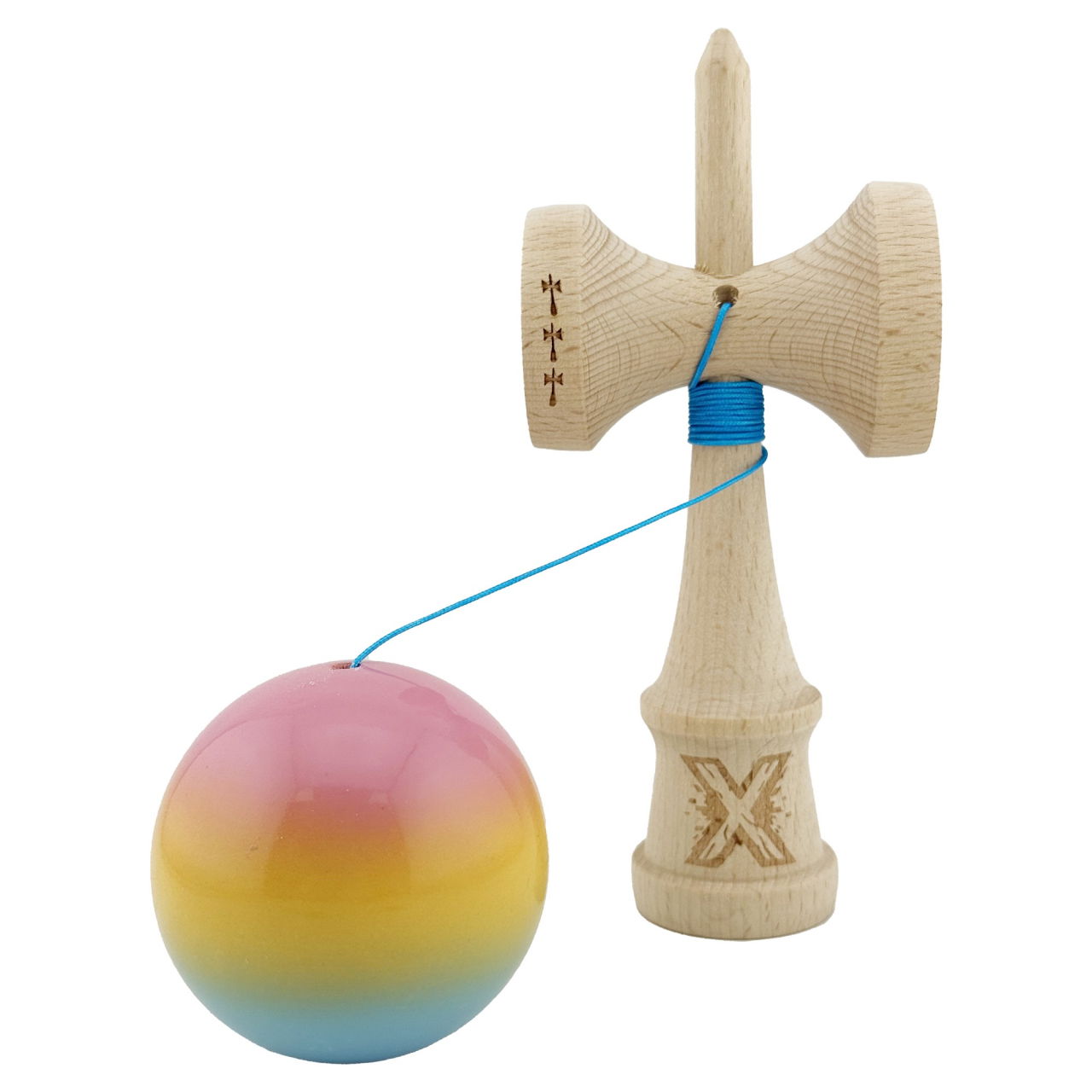 Kendama X Originala, Profesionala, Flippy, Big Cups V2, Super Sticky cu Cupe Mari, din lemn 18 cm, Rulment Metalic cu Ata 55 cm, Roz/Galben/Albastru [3]