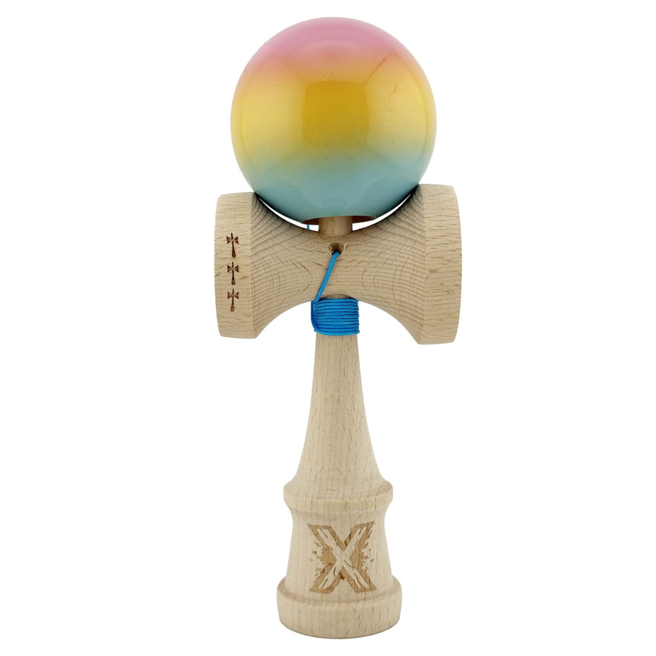 Kendama X Originala, Profesionala, Flippy, Big Cups V2, Super Sticky cu Cupe Mari, din lemn 18 cm, Rulment Metalic cu Ata 55 cm, Roz/Galben/Albastru [1]