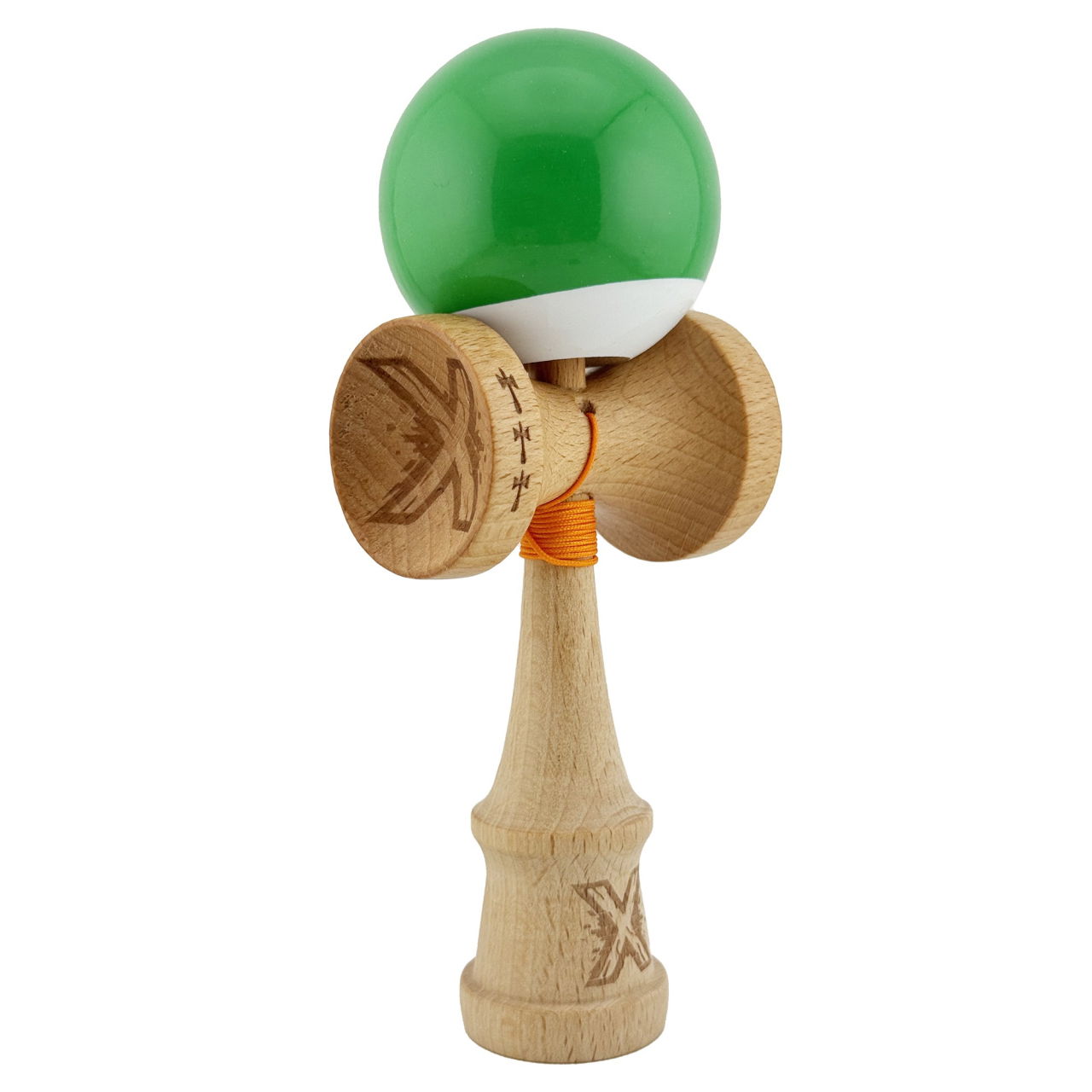 Kendama X Originala, Profesionala, Flippy, Big Cups V2, Super Sticky cu Cupe Mari, din lemn 18 cm, Rulment Metalic cu Ata 55 cm, Verde/Alb [9]