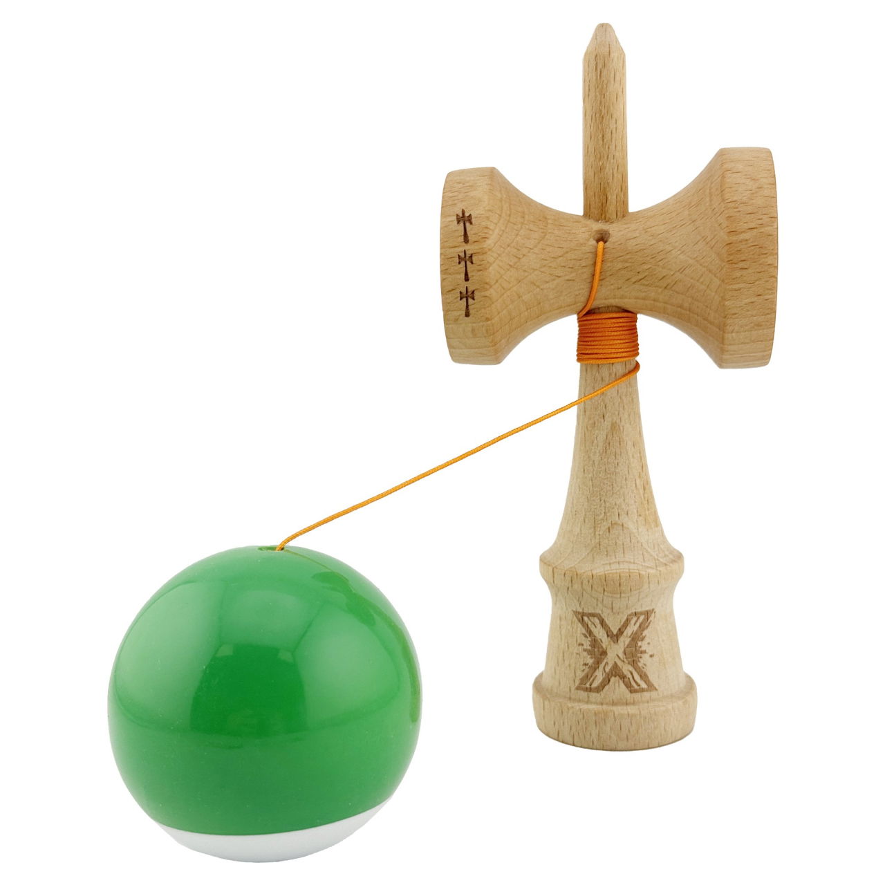 Kendama X Originala, Profesionala, Flippy, Big Cups V2, Super Sticky cu Cupe Mari, din lemn 18 cm, Rulment Metalic cu Ata 55 cm, Verde/Alb [3]