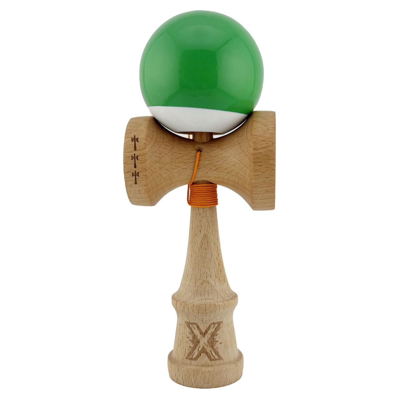Kendama X Originala, Profesionala, Flippy, Big Cups V2, Super Sticky cu Cupe Mari, din lemn 18 cm, Rulment Metalic cu Ata 55 cm, Verde/Alb [1]
