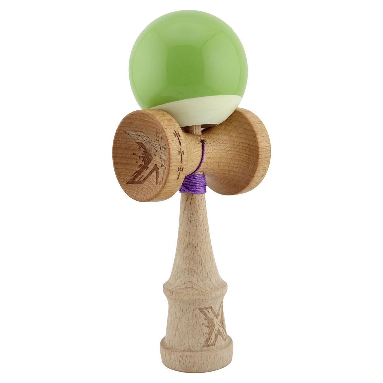 Kendama X Originala, Profesionala, Flippy, Big Cups V2, Super Sticky cu Cupe Mari, din lemn 18 cm, Rulment Metalic cu Ata 55 cm, Verde deschis/Alb [9]