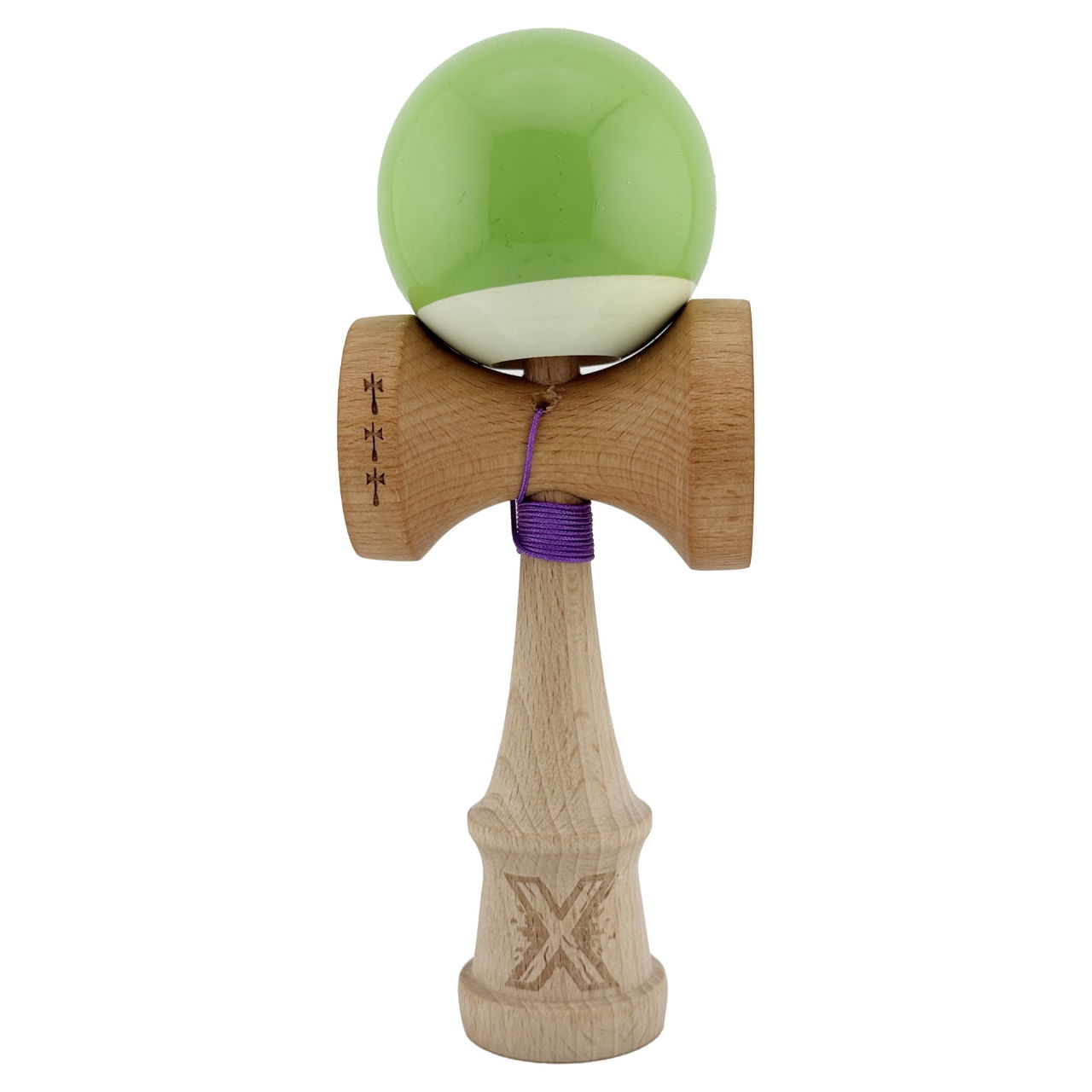 Kendama X Originala, Profesionala, Flippy, Big Cups V2, Super Sticky cu Cupe Mari, din lemn 18 cm, Rulment Metalic cu Ata 55 cm, Verde deschis/Alb [1]