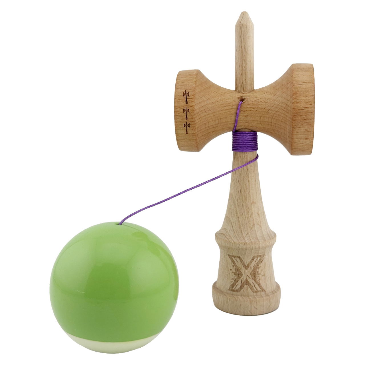 Kendama X Originala, Profesionala, Flippy, Big Cups V2, Super Sticky cu Cupe Mari, din lemn 18 cm, Rulment Metalic cu Ata 55 cm, Verde deschis/Alb [3]
