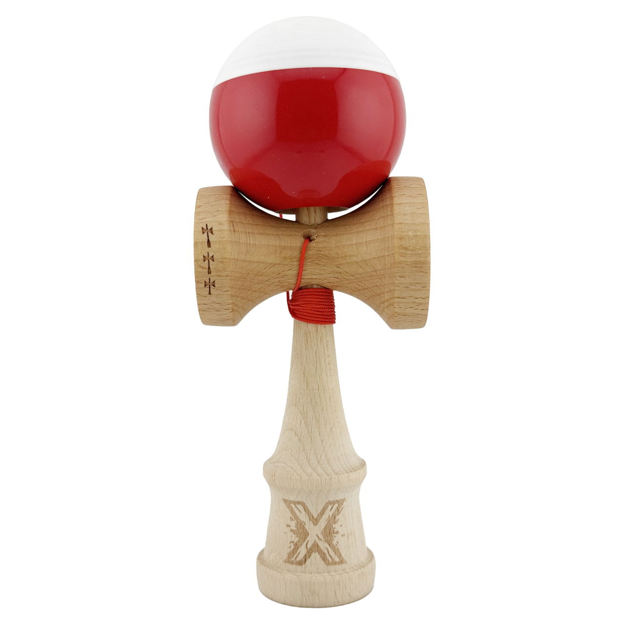 Kendama X Originala, Profesionala, Flippy, Big Cups V2, Super Sticky cu Cupe Mari, Rulment Metalic, din lemn 18 cm, Ata 55 cm, Alb/Rosu [1]