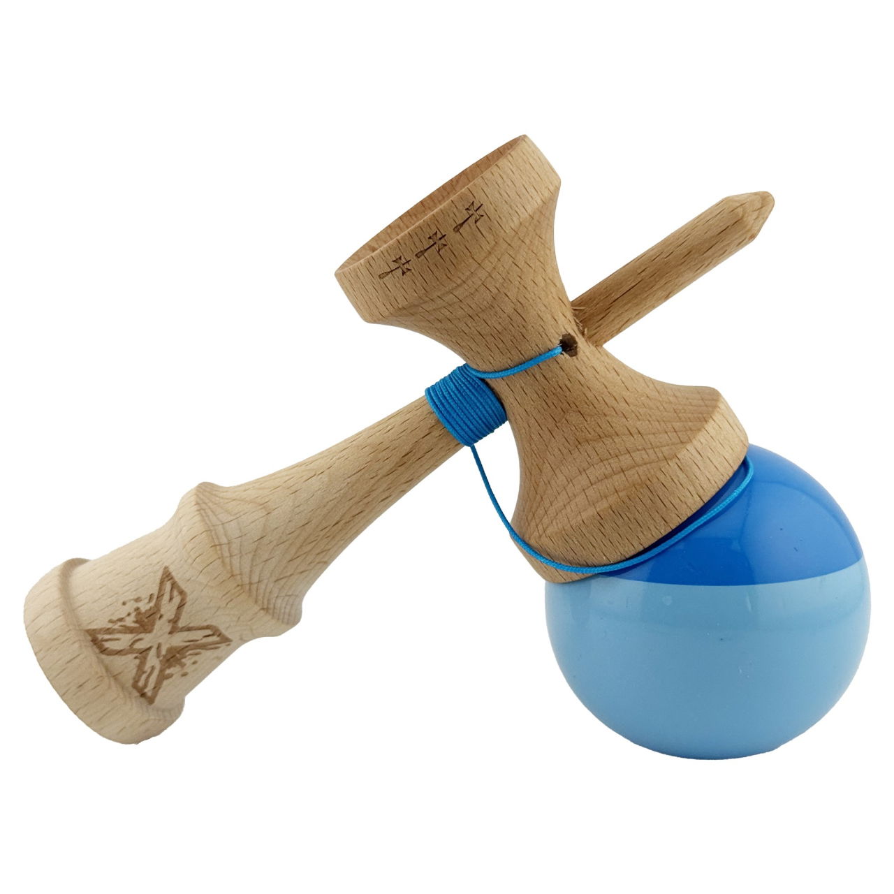 Kendama X Originala, Profesionala, Flippy, Big Cups V2, Super Sticky cu Cupe Mari, Rulment Metalic, din lemn 18 cm, Ata 55 cm, Albastru/Bleu [4]