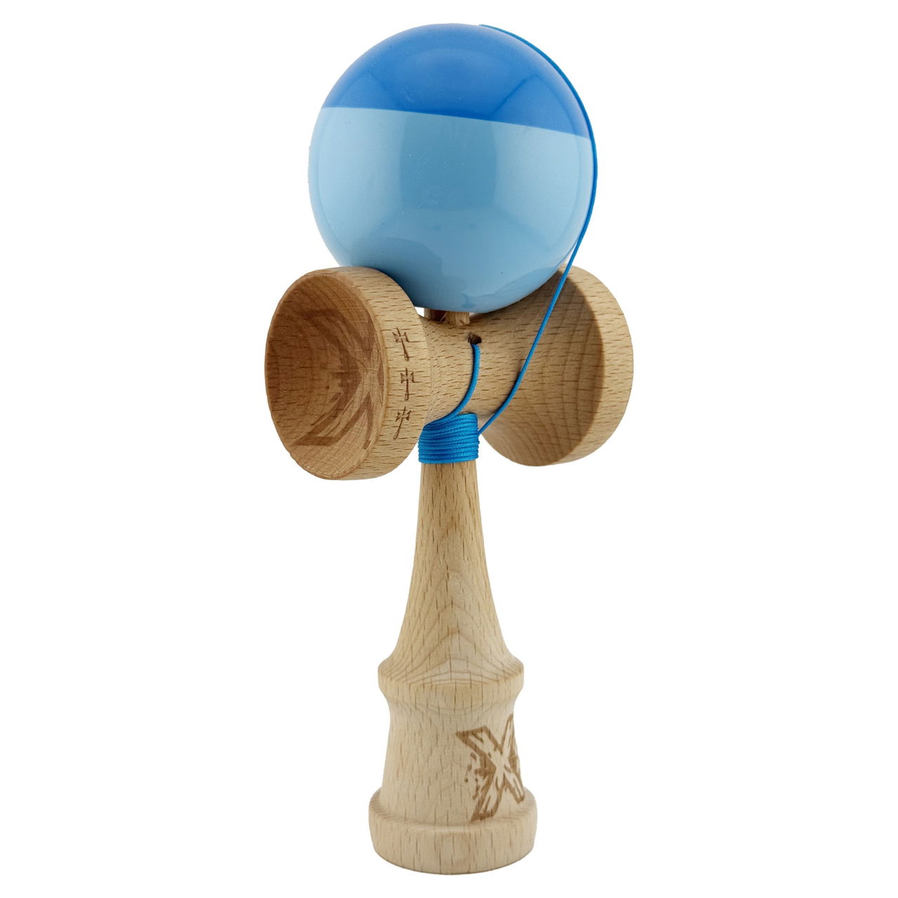 Kendama X Originala, Profesionala, Flippy, Big Cups V2, Super Sticky cu Cupe Mari, Rulment Metalic, din lemn 18 cm, Ata 55 cm, Albastru/Bleu [2]