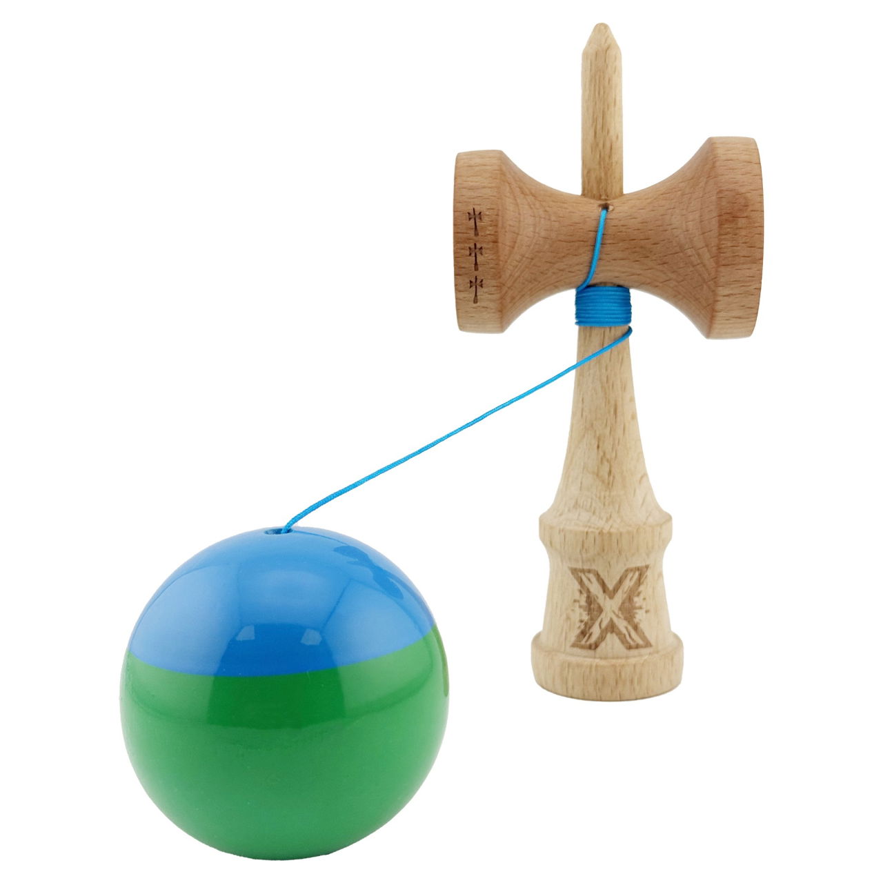 Kendama X Originala, Profesionala, Flippy, Big Cups V2, Super Sticky cu Cupe Mari, Rulment Metalic, din lemn 18 cm, Ata 55 cm, Albastru/Verde [3]