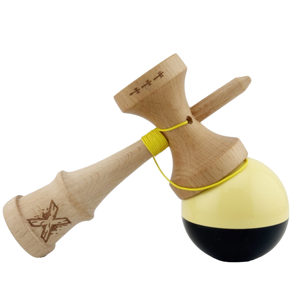 Kendama X Originala, Profesionala, Flippy, Big Cups V2, Super Sticky cu Cupe Mari, Rulment Metalic, din lemn 18 cm, Ata 55 cm, Galben/Negru [4]