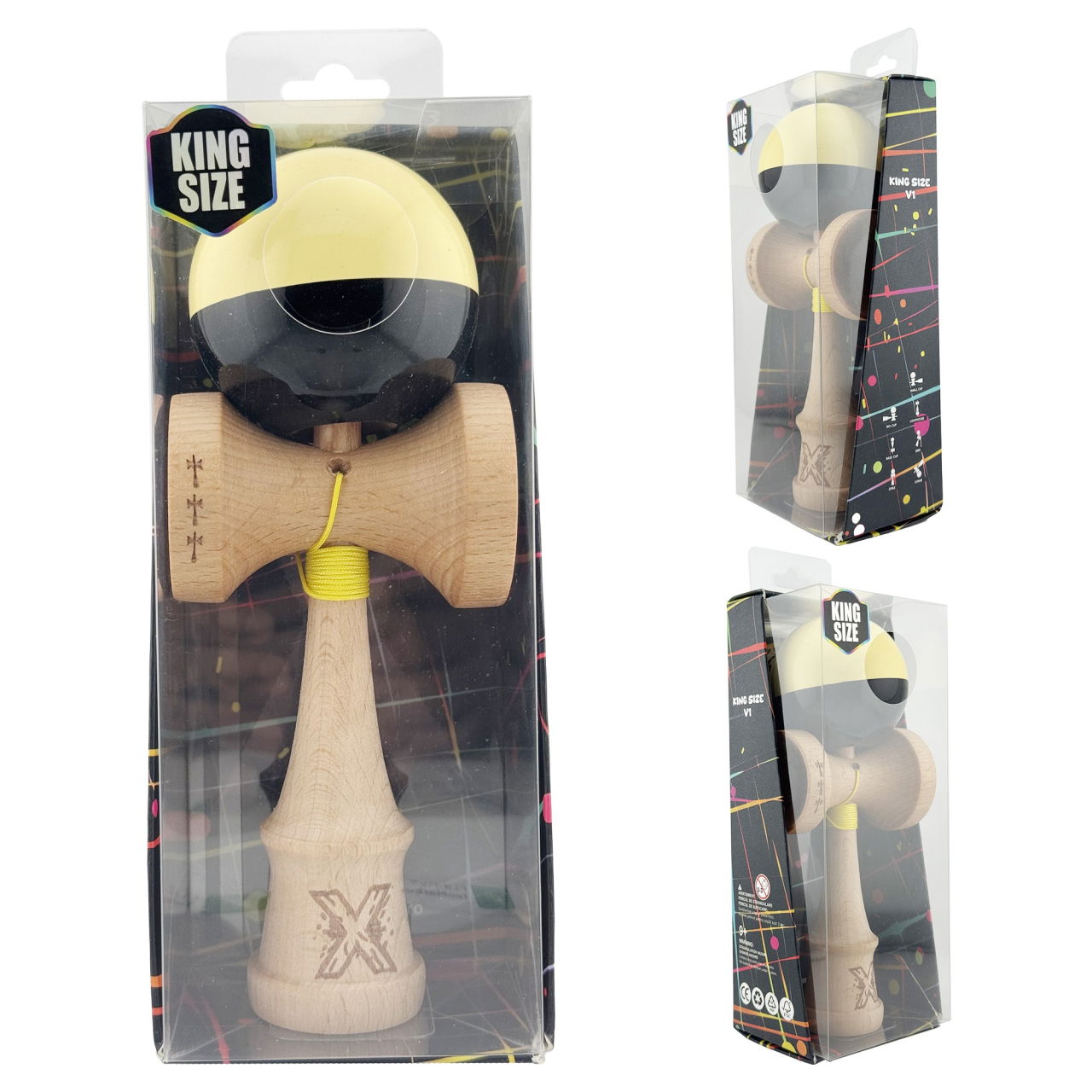 Kendama X Originala, Profesionala, Flippy, Big Cups V2, Super Sticky cu Cupe Mari, Rulment Metalic, din lemn 18 cm, Ata 55 cm, Galben/Negru [5]