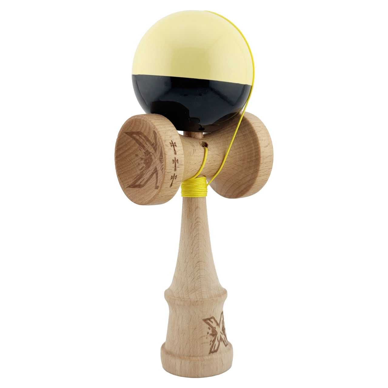 Kendama X Originala, Profesionala, Flippy, Big Cups V2, Super Sticky cu Cupe Mari, Rulment Metalic, din lemn 18 cm, Ata 55 cm, Galben/Negru [2]