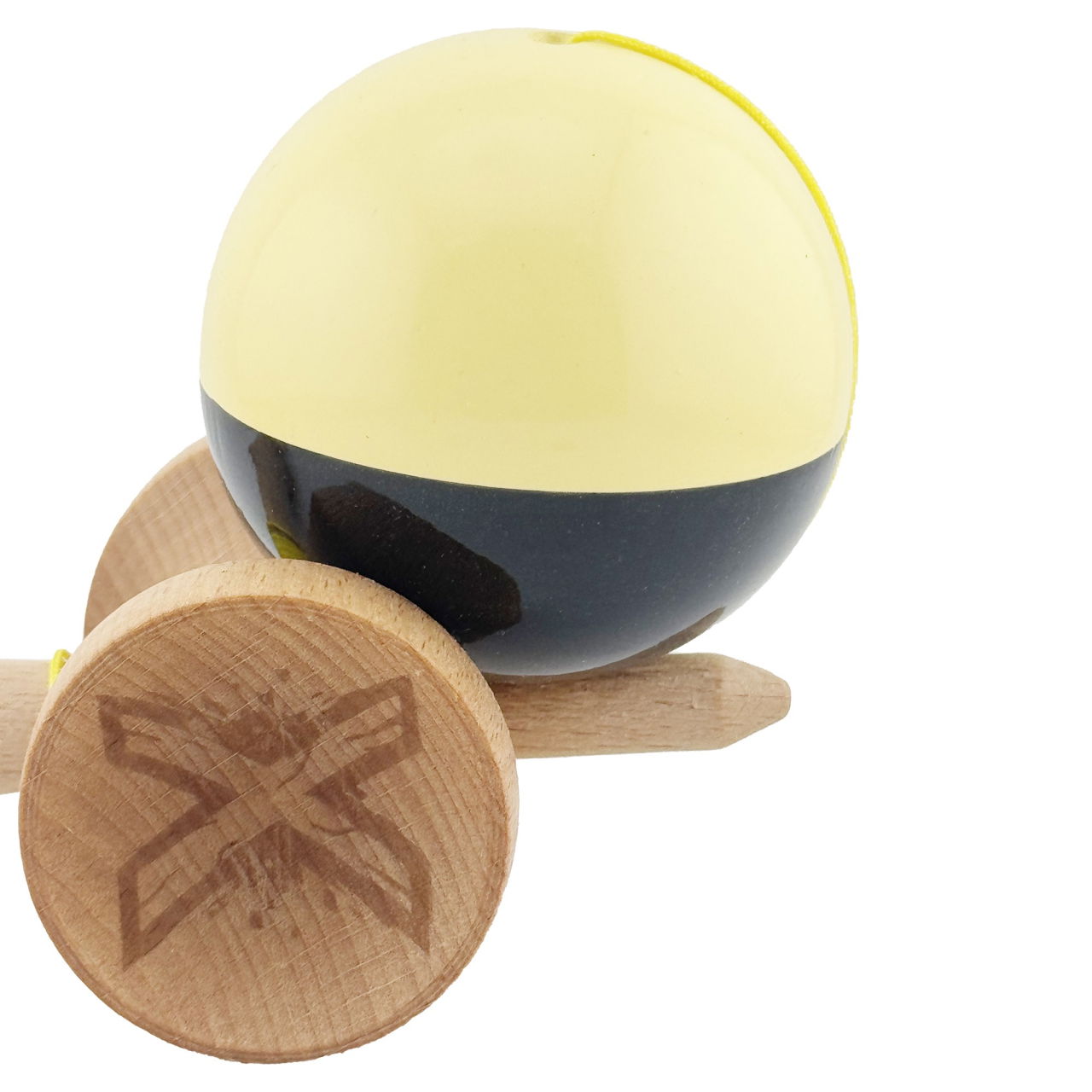 Kendama X Originala, Profesionala, Flippy, Big Cups V2, Super Sticky cu Cupe Mari, Rulment Metalic, din lemn 18 cm, Ata 55 cm, Galben/Negru [8]