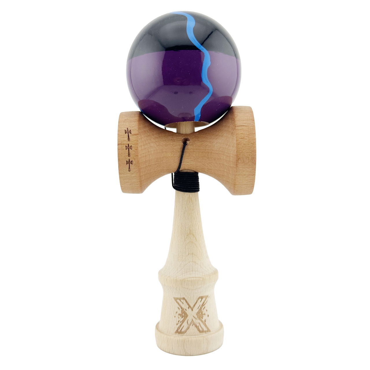 Kendama X Originala, Profesionala, Flippy, Big Cups V2, Super Sticky cu Cupe Mari, Rulment Metalic, din lemn 18 cm, Ata 55 cm, Negru/Mov [1]