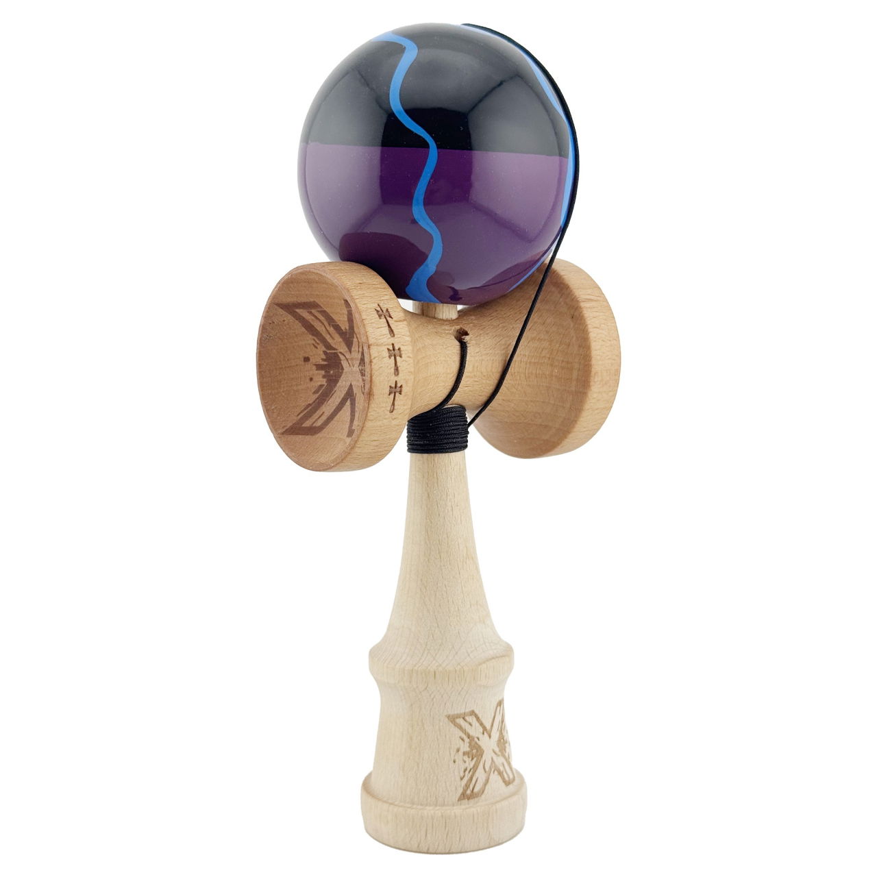 Kendama X Originala, Profesionala, Flippy, Big Cups V2, Super Sticky cu Cupe Mari, Rulment Metalic, din lemn 18 cm, Ata 55 cm, Negru/Mov [2]