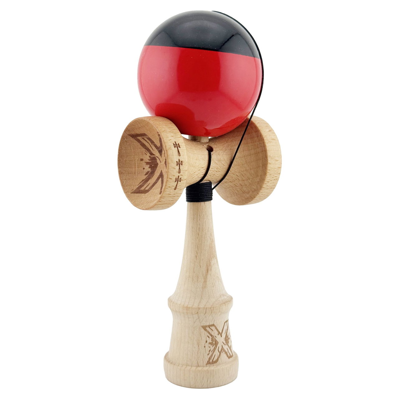 Kendama X Originala, Profesionala, Flippy, Big Cups V2, Super Sticky cu Cupe Mari, Rulment Metalic, din lemn 18 cm, Ata 55 cm, Negru/Rosu [2]
