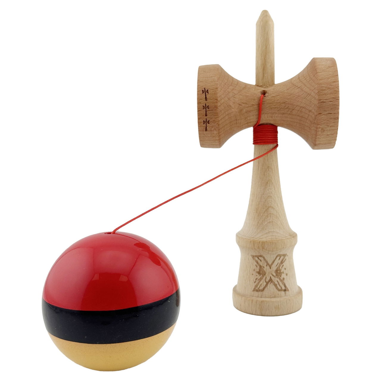 Kendama X Originala, Profesionala, Flippy, Big Cups V2, Super Sticky cu Cupe Mari, Rulment Metalic, din lemn 18 cm, Ata 55 cm, Rosu/Negru/Galben [3]