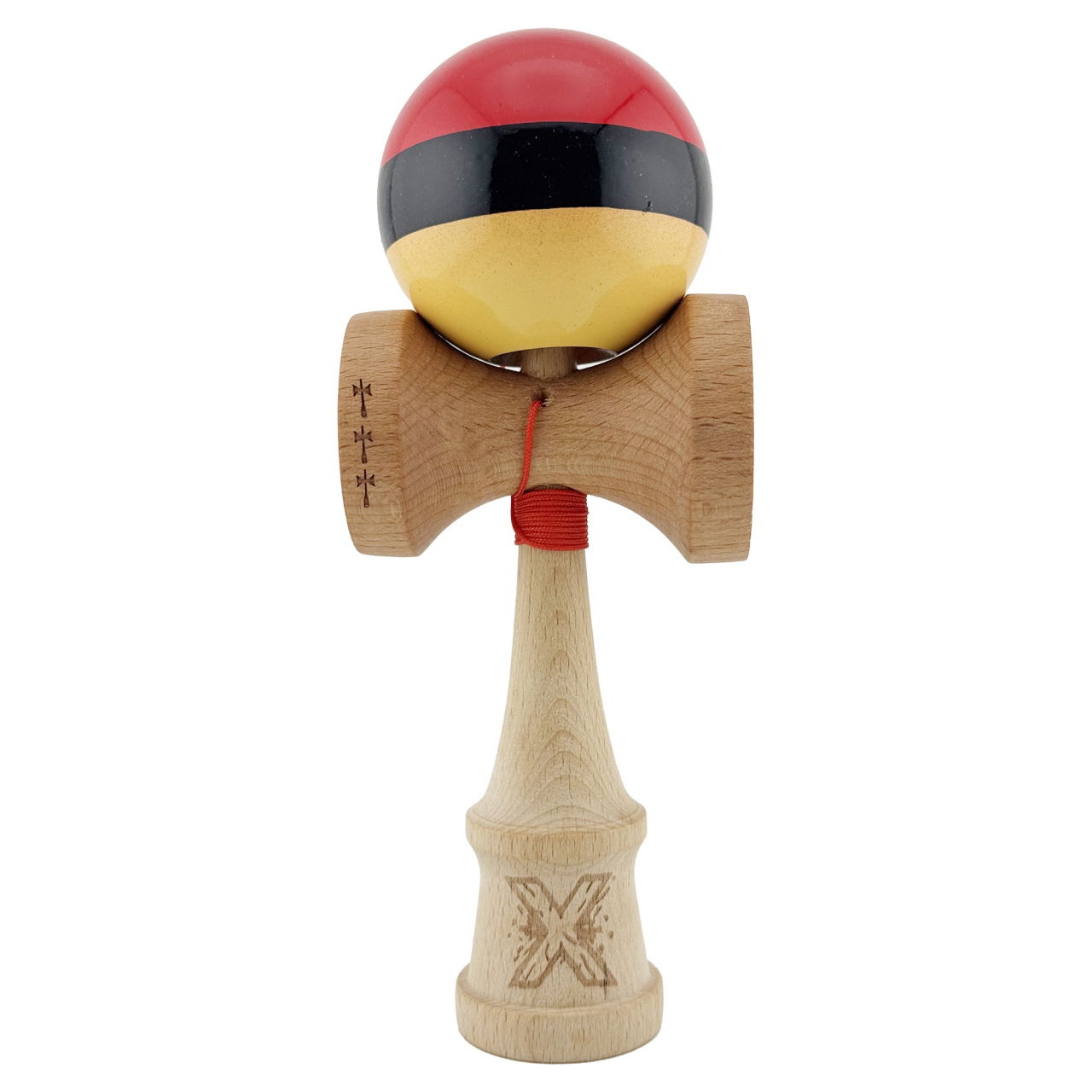 Kendama X Originala, Profesionala, Flippy, Big Cups V2, Super Sticky cu Cupe Mari, Rulment Metalic, din lemn 18 cm, Ata 55 cm, Rosu/Negru/Galben [1]