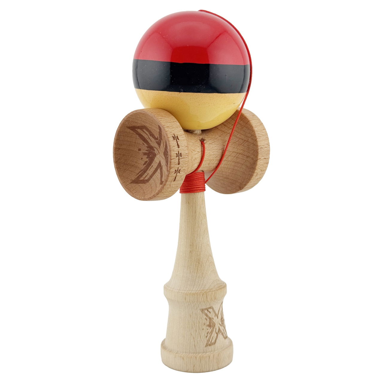 Kendama X Originala, Profesionala, Flippy, Big Cups V2, Super Sticky cu Cupe Mari, Rulment Metalic, din lemn 18 cm, Ata 55 cm, Rosu/Negru/Galben [2]