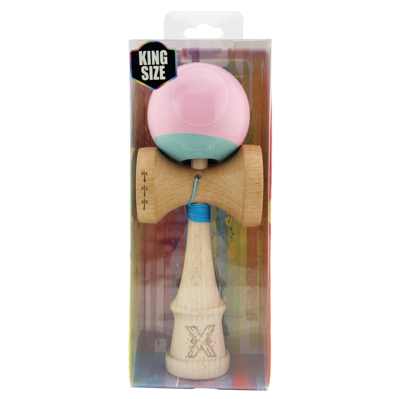 Kendama X Originala, Profesionala, Flippy, Big Cups V2, Super Sticky cu Cupe Mari, Rulment Metalic, din lemn 18 cm, Ata 55 cm, Roz/Verde [5]