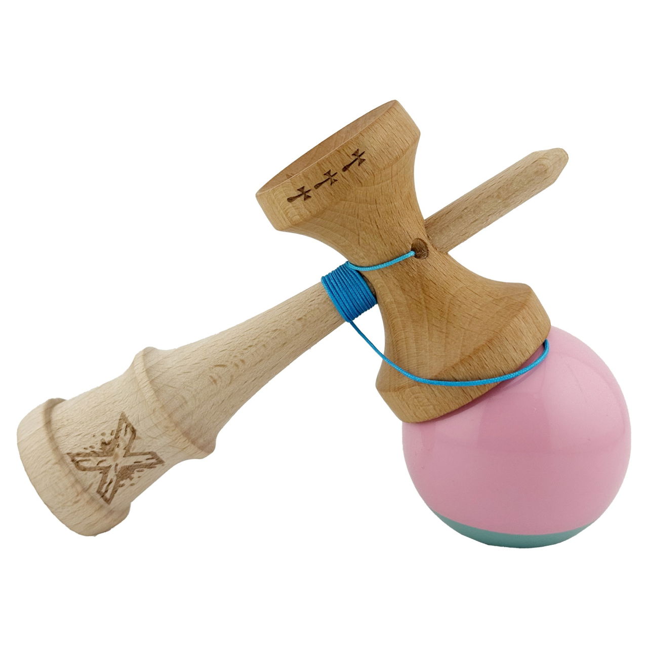 Kendama X Originala, Profesionala, Flippy, Big Cups V2, Super Sticky cu Cupe Mari, Rulment Metalic, din lemn 18 cm, Ata 55 cm, Roz/Verde [4]