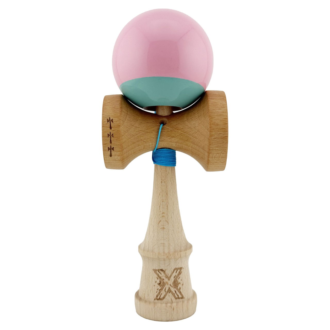 Kendama X Originala, Profesionala, Flippy, Big Cups V2, Super Sticky cu Cupe Mari, Rulment Metalic, din lemn 18 cm, Ata 55 cm, Roz/Verde [1]