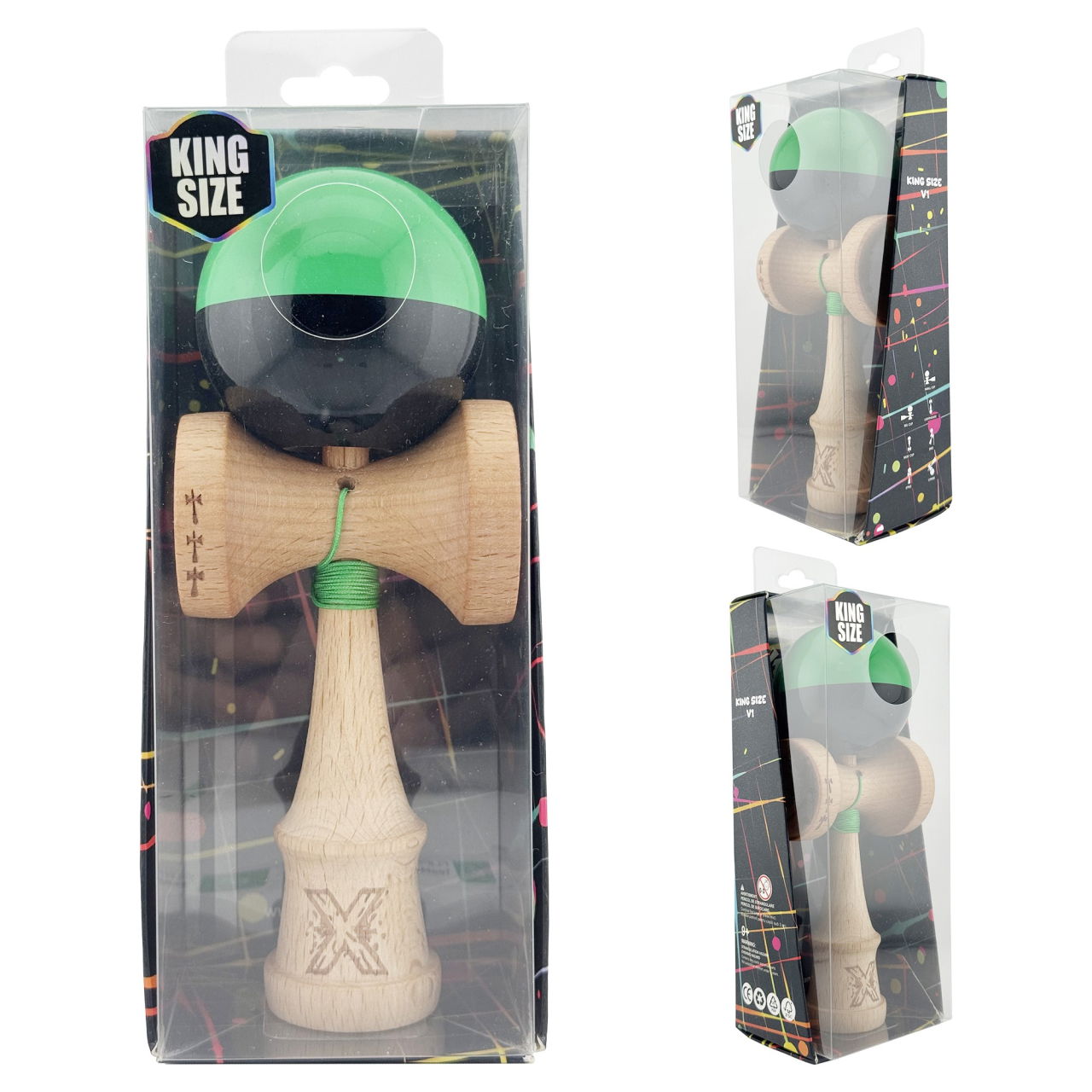 Kendama X Originala, Profesionala, Flippy, Big Cups V2, Super Sticky cu Cupe Mari, Rulment Metalic, din lemn 18 cm, Ata 55 cm, Verde/Negru [4]