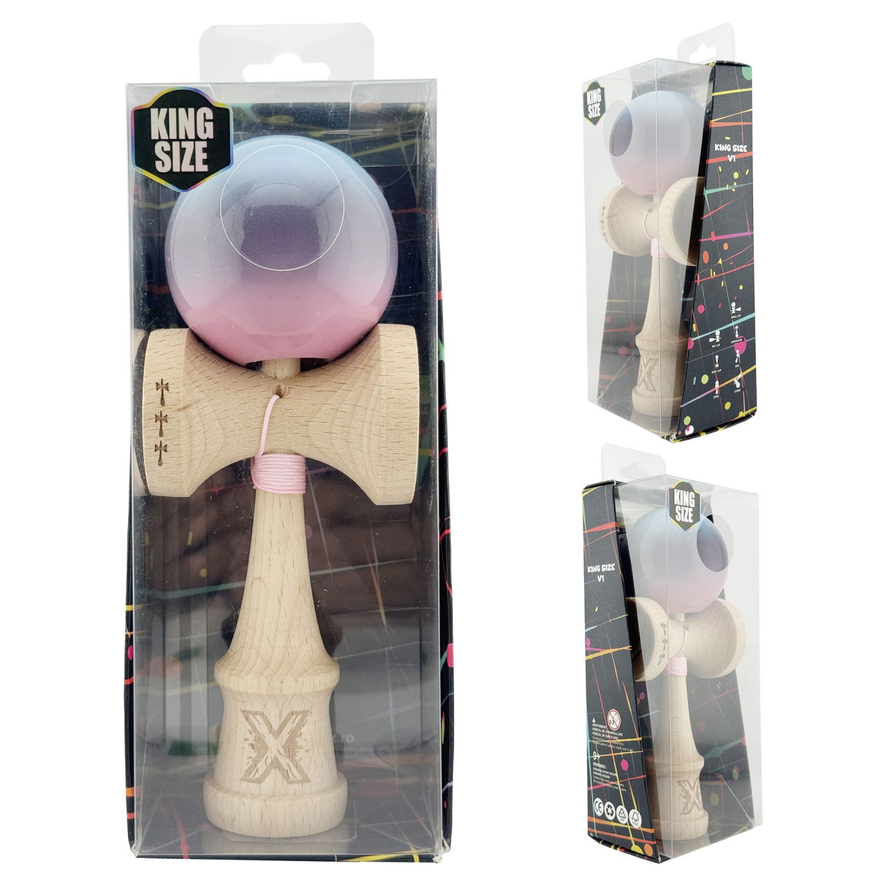 Kendama X Originala, Profesionala, Flippy, Big Cups V2, Super Sticky Cupe Mari, Rulment Metalic cu Ata 55 cm, Albastru Deschis/Mov/Roz [10]
