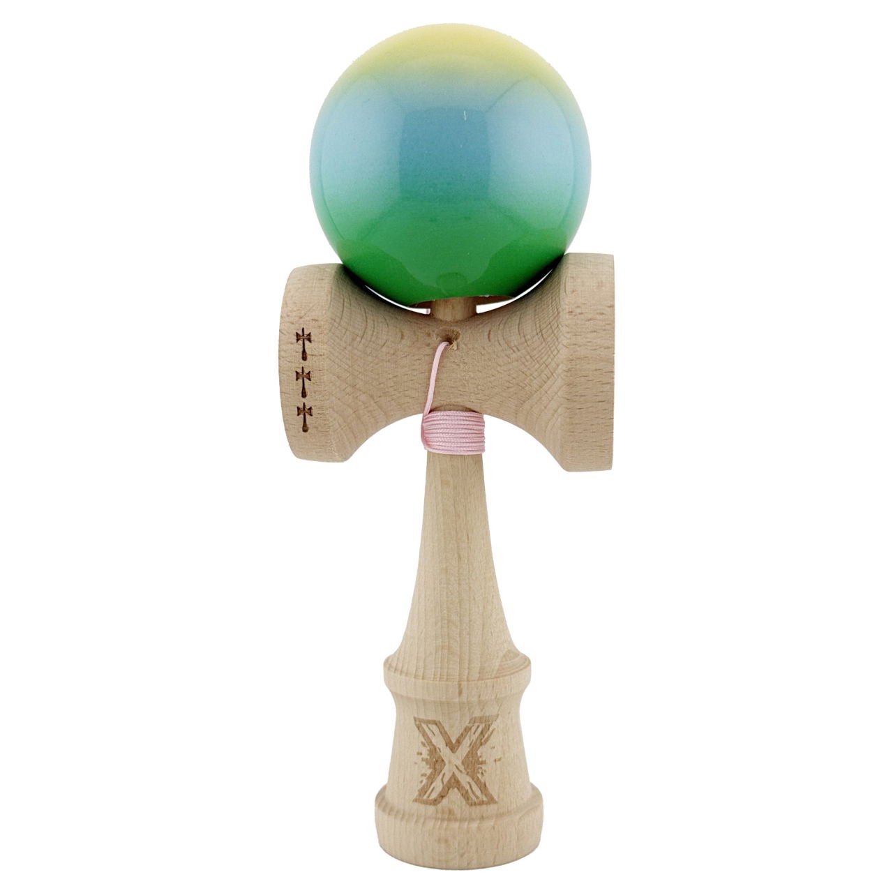 Kendama X Originala, Profesionala, Flippy, Big Cups V2, Super Sticky Cupe Mari, Rulment Metalic cu Ata 55 cm, Galben/Albastru deschis/Verde [1]
