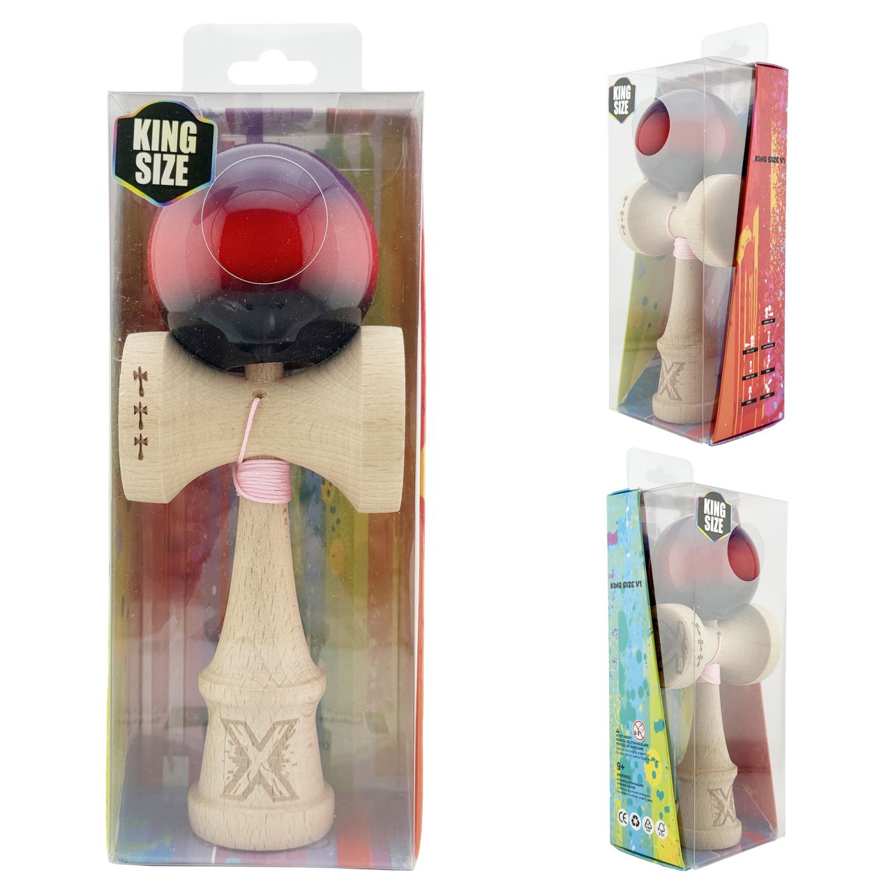 Kendama X Originala, Profesionala, Flippy, Big Cups V2, Super Sticky Cupe Mari, Rulment Metalic cu Ata 55 cm, Mov/Rosu/Negru [10]