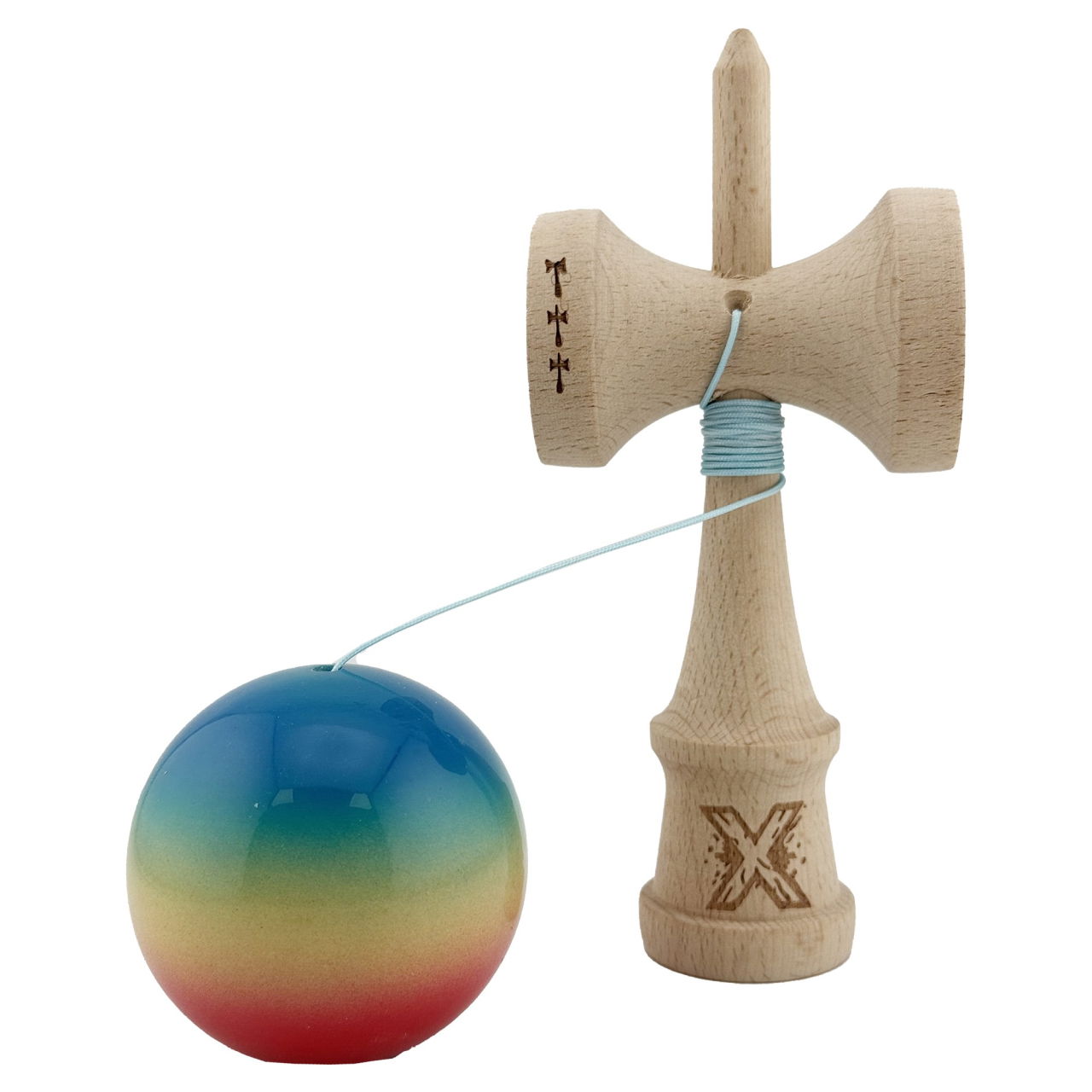 Kendama X Originala, Profesionala, Flippy, Big Cups V2, Super Sticky Cupe Mari, Rulment Metalic cu Ata 55 cm, Rosu/Galben/Albastru [3]